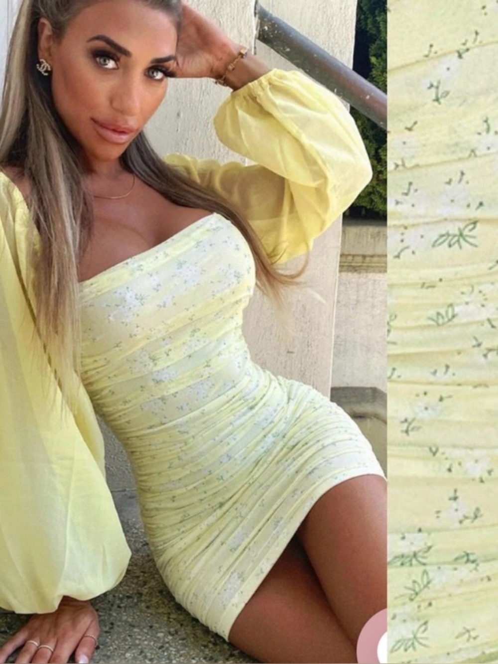 That’sSoFetch Lorde Ruched Puff Sleeve Mini Dress: Yellow Ditsy Floral
